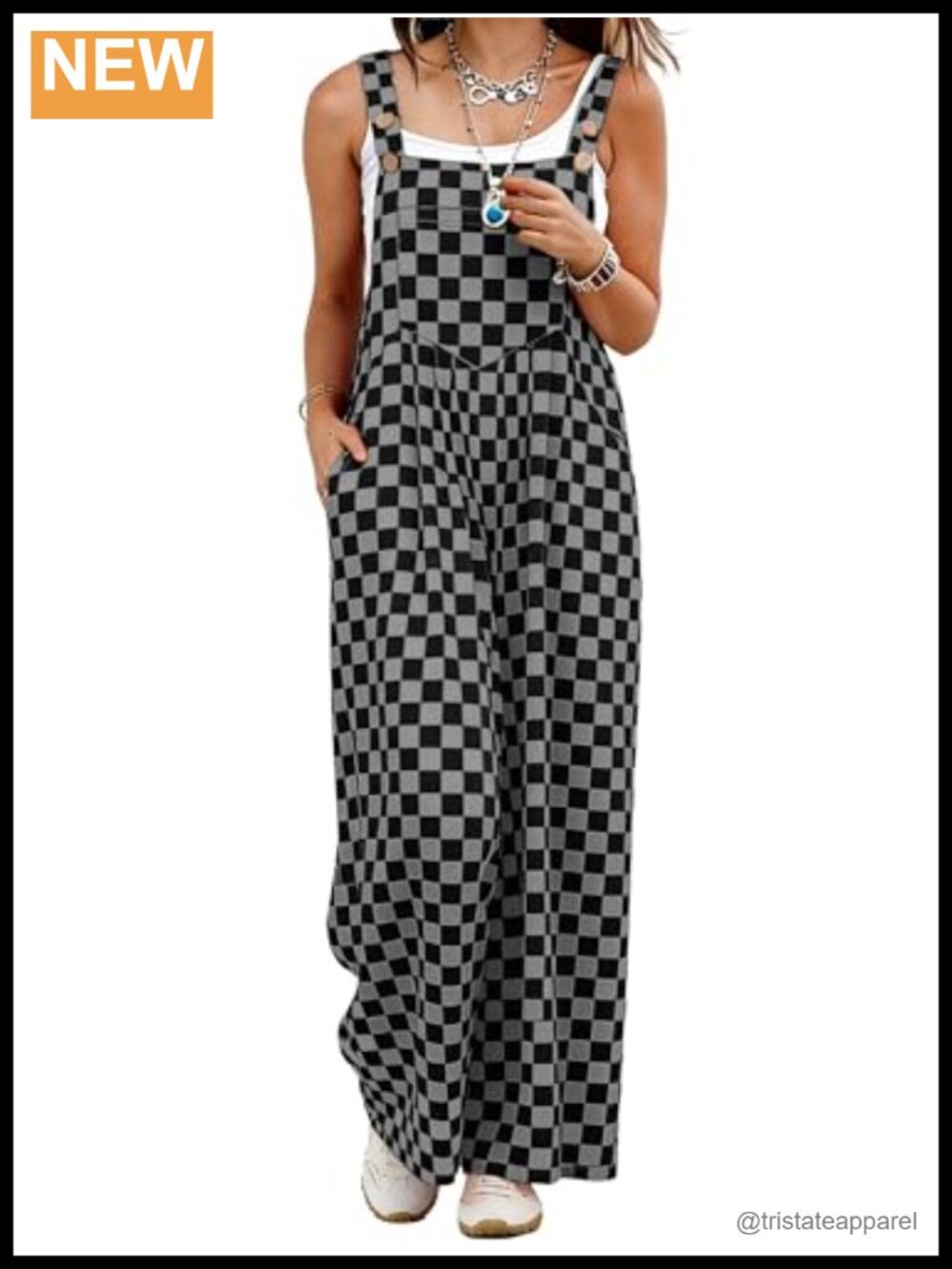 Womens Checkered Wide Leg Overalls Loose Fit Casual Jumpsuit